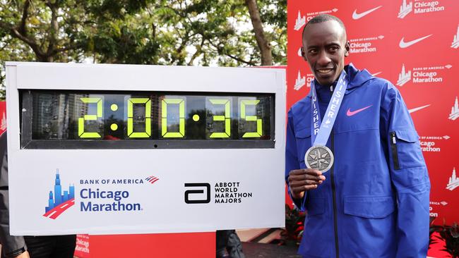 Kelvin Kiptum after his world record run of 2:00.35. Picture: Michael Reaves/Getty Images