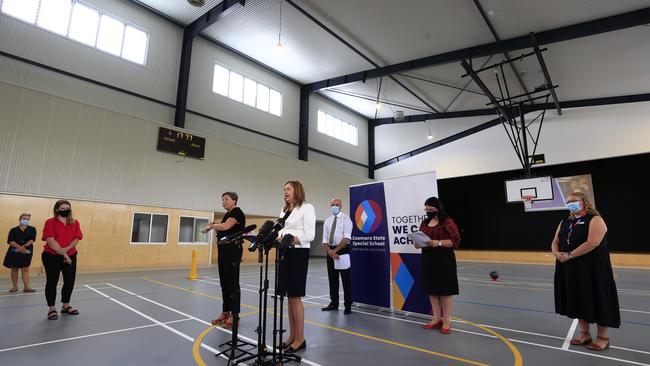 Premier Annastacia Palaszczuk speaks to media in the school’s multipurpose hall. Picture: Adam Head.