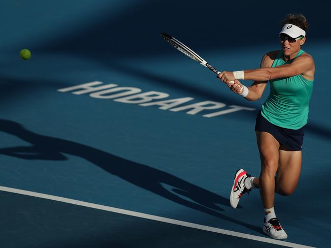 HOBART, AUSTRALIA - JANUARY 13: Samantha Stosur of Australia plays a backhand during her first round singles match against Veronika Kudermetova of Russia during day three of the 2020 Hobart International at Domain Tennis Centre on January 13, 2020 in Hobart, Australia. (Photo by Mark Metcalfe/Getty Images)