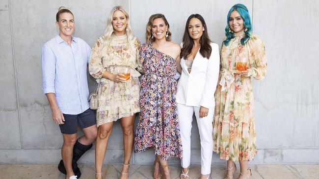 An injured Ali Brigginshaw shows off her moon boot at Kayla Boyd’s Find Your Fierce event. Picture with fiancee Kate Daly, Emily Hall, Kayla Boyd and Amy Sheppard. Picture: AAP Image/Attila Csaszar.