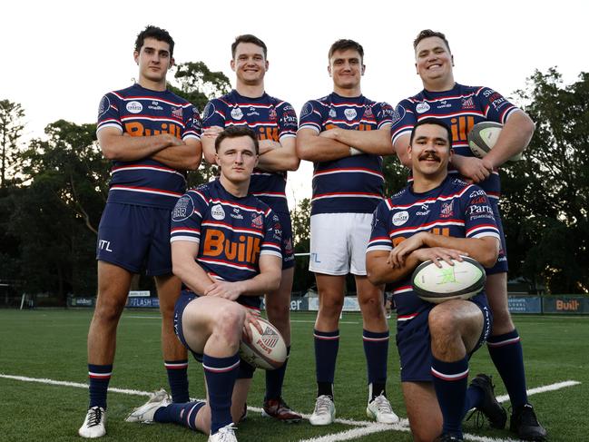 Eastern Suburbs have six of seven teams in club rugby grand finals this weekend. Captains from left Angus Wallace, Billy Dickens, Flyn Kilby, Josh Bokser, Steve Mayman and James Behringer at Woolahra Oval in Rose Bay. Picture: Jonathan Ng