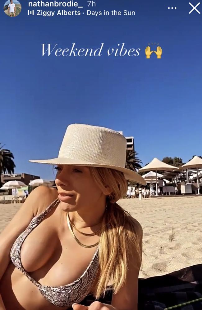 Official! On Friday, Nathan shared this Instagram post showing Nadia relaxing on the beach in a bikini. Picture: Supplied