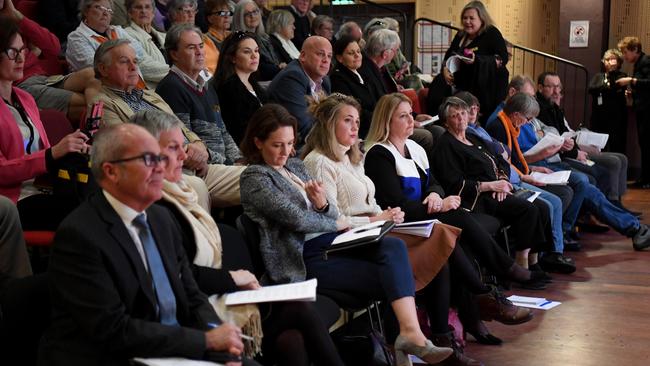 Locals attend meeting at Goolwa, Centenary Hall to see Mayo candidates speak. Georgina Downer and Rebekha Sharkie wait their turn to speak. Picture: Tricia Watkinson.