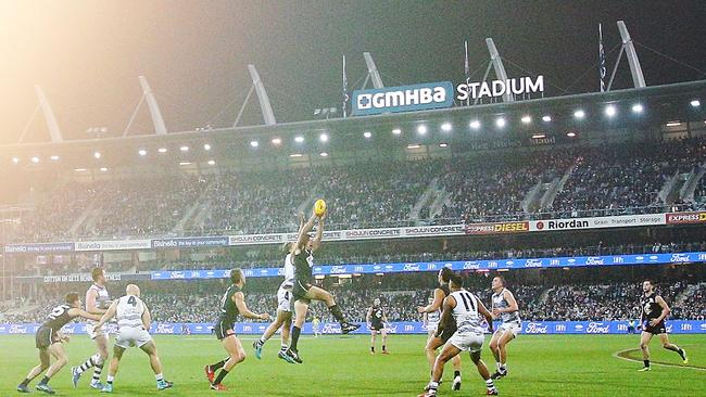 The Geelong Cats playing Carlton at GMHBA Stadium on Saturday night. Picture: Michael Dodge/Getty Images