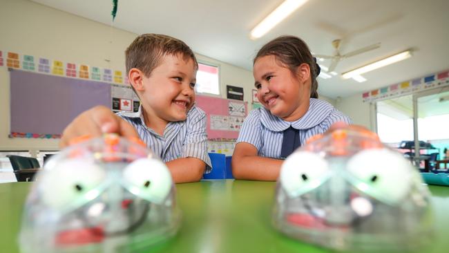 St Francis College Creastmead students Jamieson Norton, 5, and Aria Norton, 6, are using AI in school. Photo by Pete Wallis