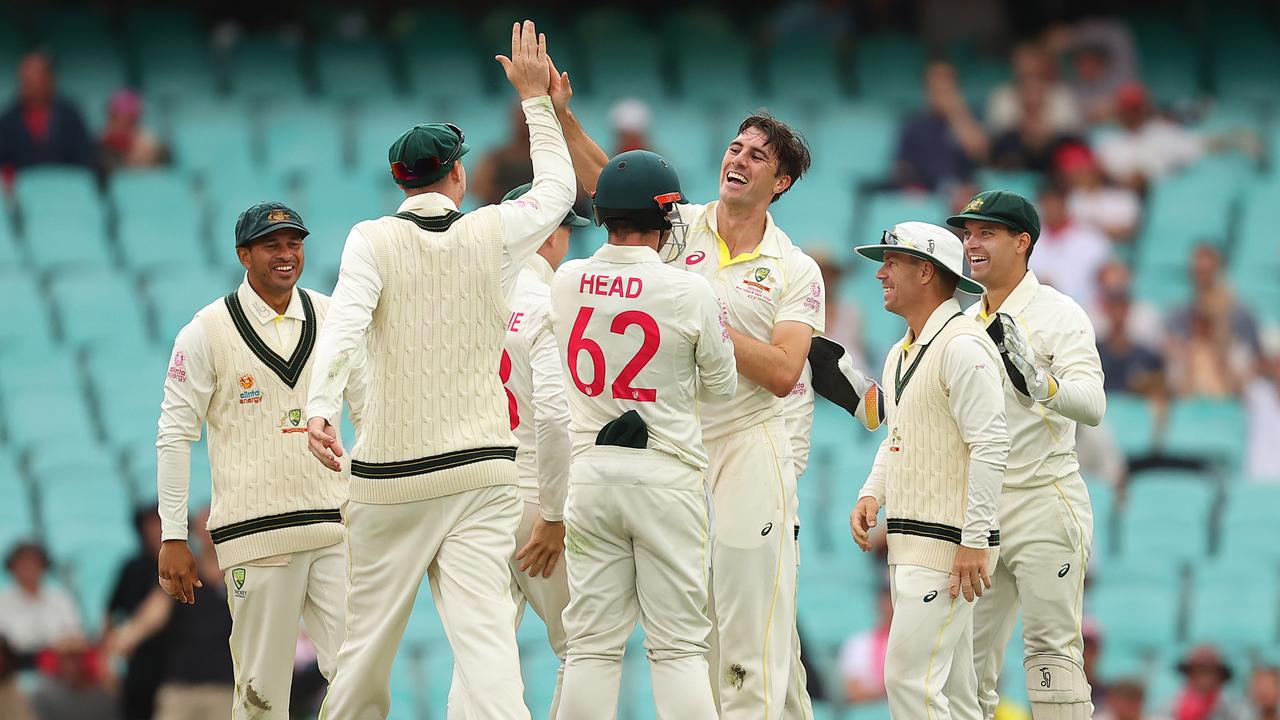 Cummins celebrates taking Australia’s fifth wicket. Picture: Getty