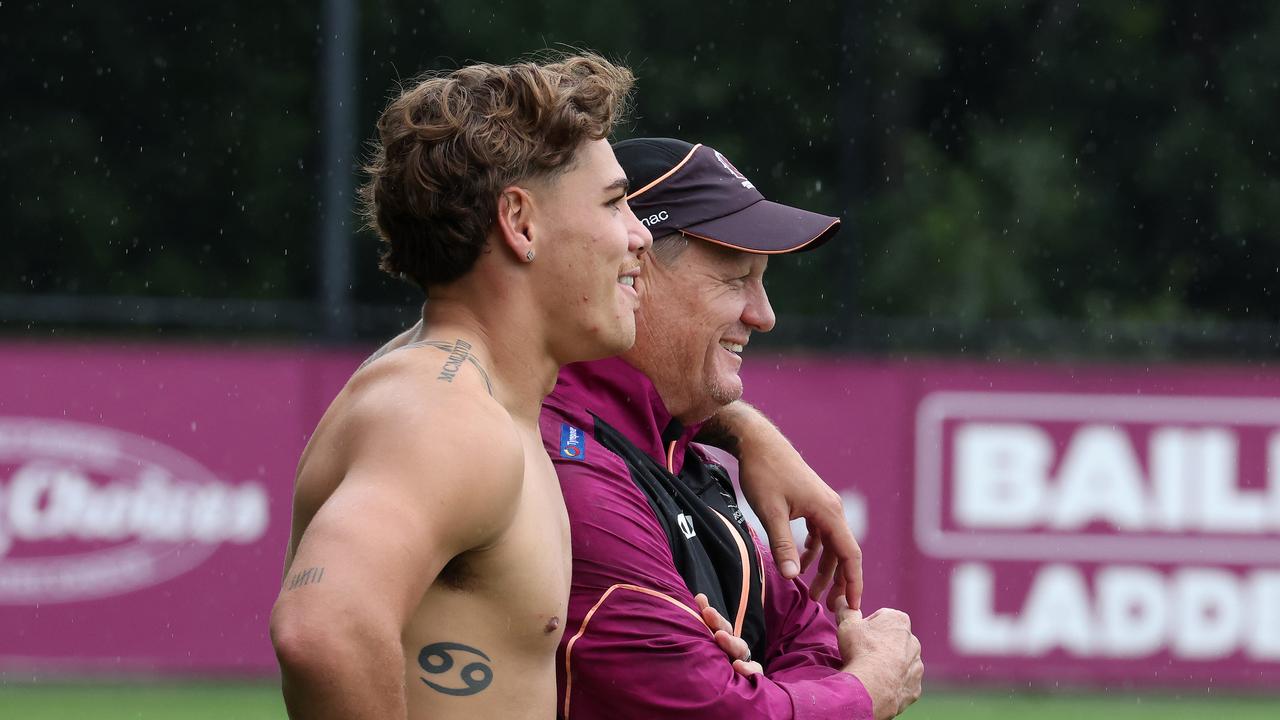 Reece Walsh with Broncos head coach Kevin Walters. Picture: Liam Kidston