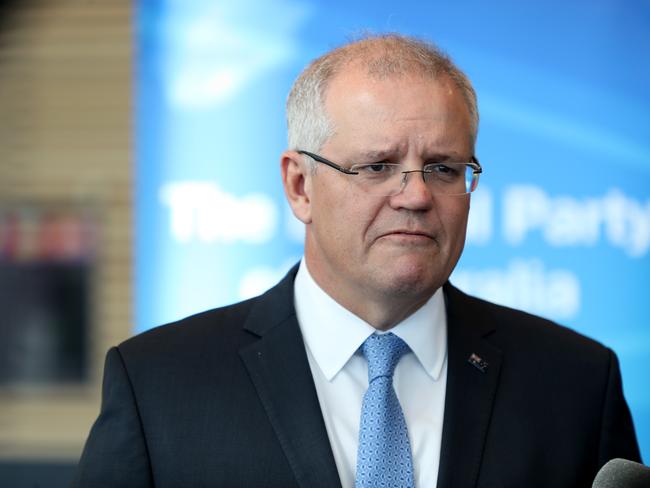 Prime Minister Scott Morrison speaks to the media at the South Australian Liberal party Annual General Meeting at the Adelaide Convention Centre in Adelaide, Saturday, August 17, 2019.  (AAP Image/Kelly Barnes) NO ARCHIVING