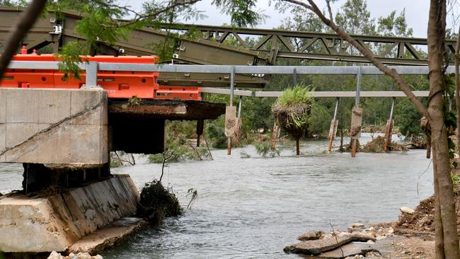 The Prime Minister visited Ollera Creek where the Australian Defence Force is delivering a temporary bridge structure to support rescue efforts. Picture: Evan Morgan