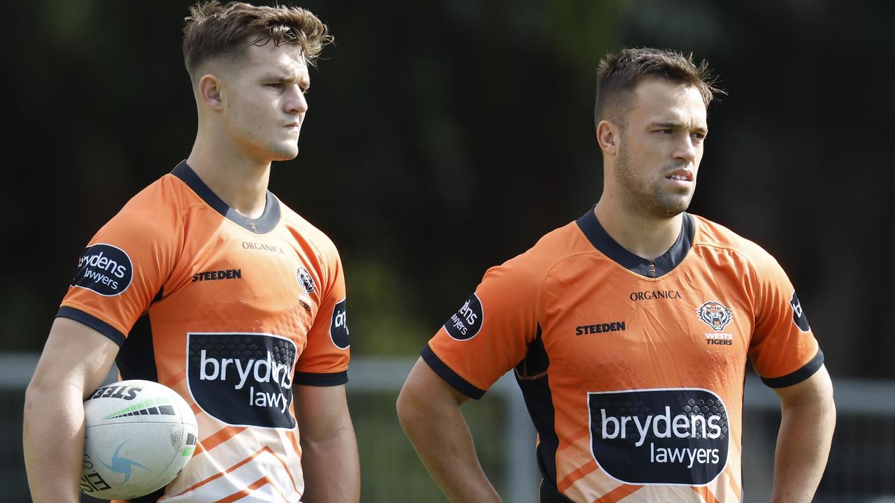 Jake Simpkin and Luke Brooks at training this week. Picture: Mark Evans/Getty Images