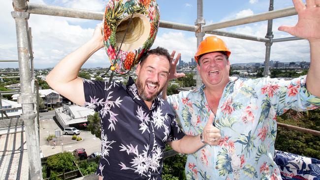 Justin O'Donnell (left) with Matthew Hackett, at his Bulimba apartment complex. Picture: Steve Pohlner