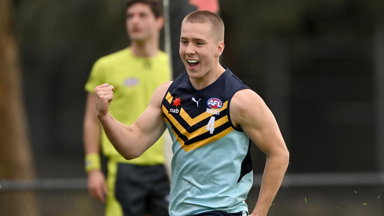 James Lugsdin celebrates a goal. Picture: Morgan Hancock/AFL Photos/via Getty Images