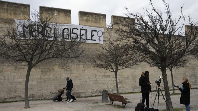 A banner reading ‘Merci Gisele’ is seen during the verdict in the Pelicot case on Thursday in Avignon, France. Picture: Getty Images