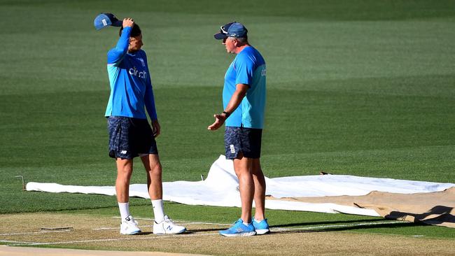 England captain Joe Root chats with coach Chris Silverwood before the Adelaide Test. Picture: AFP