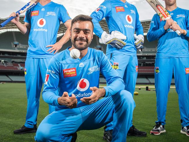 The quartet who play for Strikers and Sussex Travis Head, Rashid Khan, Alex Carey and Phil Salt get ready for the Big Bash semi final. Picture: Brad Fleet