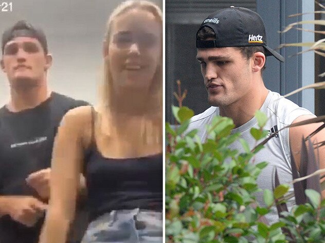 Penrith Panthers NRL star Nathan Cleary pictured dancing in a video, now removed from Tik Tok, and arriving at his home in western Sydney. Picture: Jeremy Piper