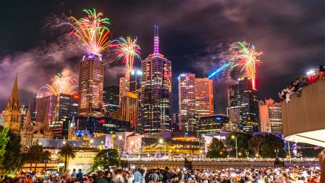 2025 New Years Eve fireworks From Southbank looking over the Melbourne CBD. Picture: Jason Edwards