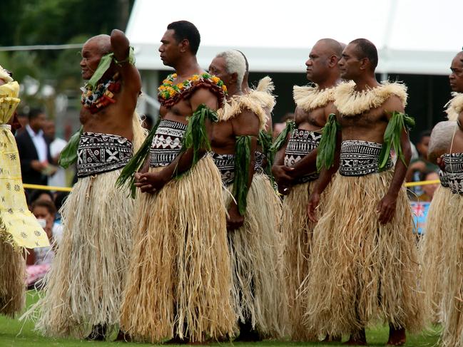 Crowds gather for the arrival of The Duke and Duchess of Sussex, Prince Harry and Meghan at Prince Albert Park in Suva for their traditional welcome to Fiji. Picture: Nathan Edwards.