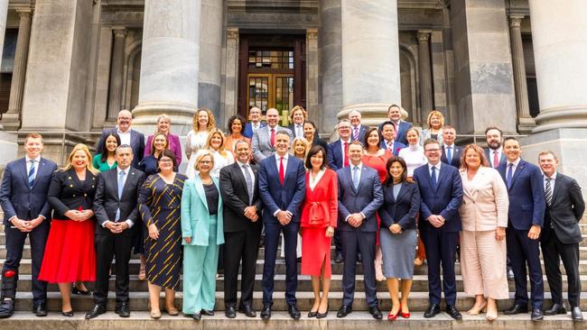 Premier Peter Malinauskas with Labor's SA state caucus on the steps of Parliament House on Tuesday. Eddie Hughes is missing due to illness. Picture: supplied