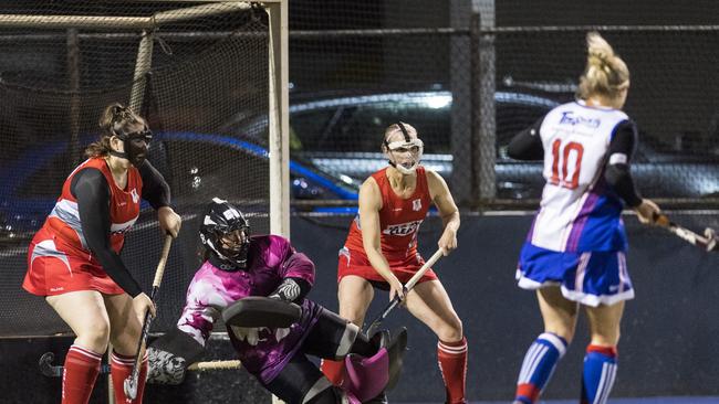 Red Lion keeper Bobbie Hamlet makes a save against Rangeville. Hamlett has been named as a shadow player in the Queensland Women’s U21 squad for the upcoming Australian indoor championships. Picture: Kevin Farmer