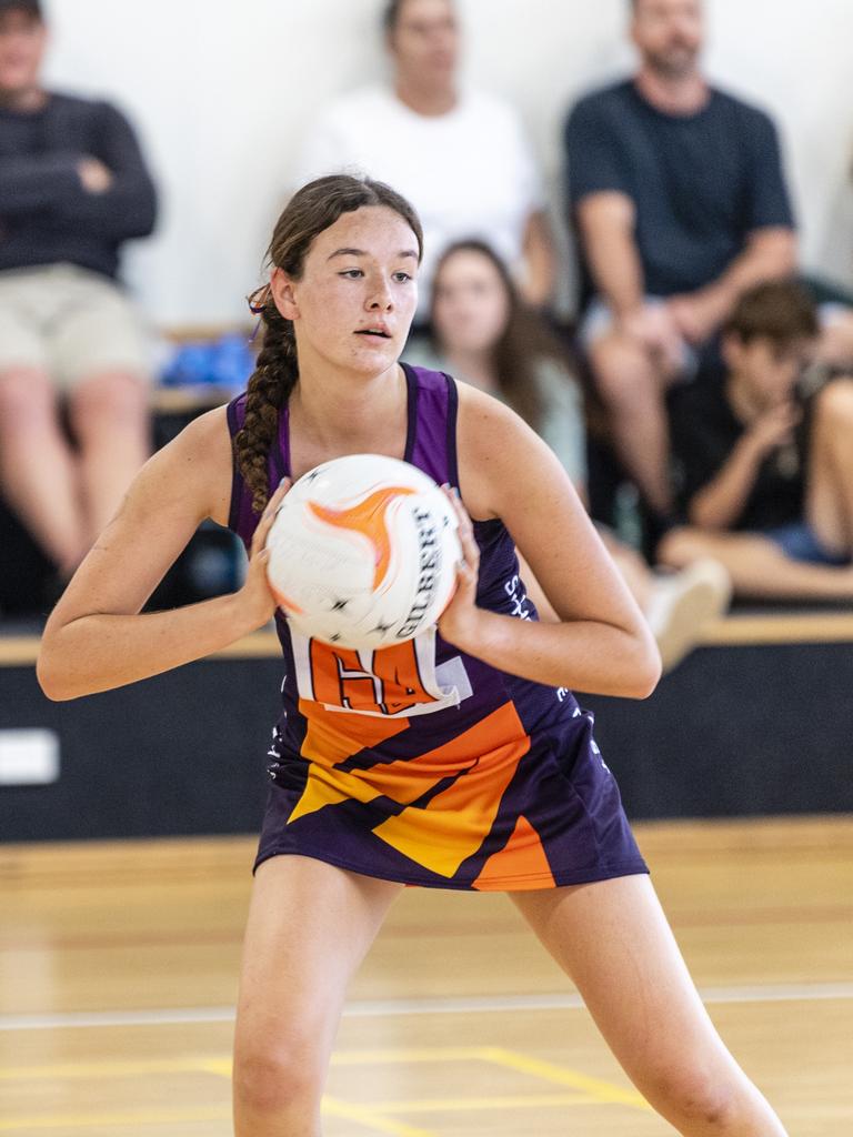 Ava Lockhart of Sunshine Coast against Darling Downs in Queensland School Sport 13-15 Years Girls Netball Championships at The Clive Berghofer Sports Centre, The Glennie School, Friday, May 6, 2022. Picture: Kevin Farmer