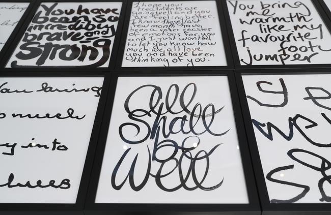 These framed messages will hang permanently in a public area of Royal Prince Alfred Hospital in Camperdown, as part of the Collecting Kindness project. Picture: David Swift.