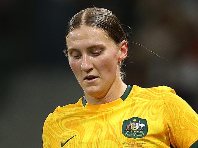 MELBOURNE, AUSTRALIA - DECEMBER 04: Natasha Prior of Australia controls the ball during the International Friendly match between Australia Matildas and Chinese Taipei at AAMI Park on December 04, 2024 in Melbourne, Australia. (Photo by Robert Cianflone/Getty Images)