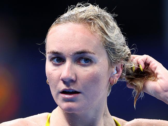 PARIS, FRANCE - JULY 24: Ariarne Titmus of Team Australia looks on during a Swimming training session ahead of the Paris 2024 Olympic Games at Paris La Defense Arena on July 24, 2024 in Paris, France. (Photo by Quinn Rooney/Getty Images)