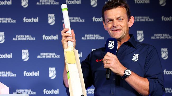 Aussie cricket great Adam Gilchrist with the sensor on the back of a bat that will provide the information for the new Smash Factor tech. Picture: Toby Zerna