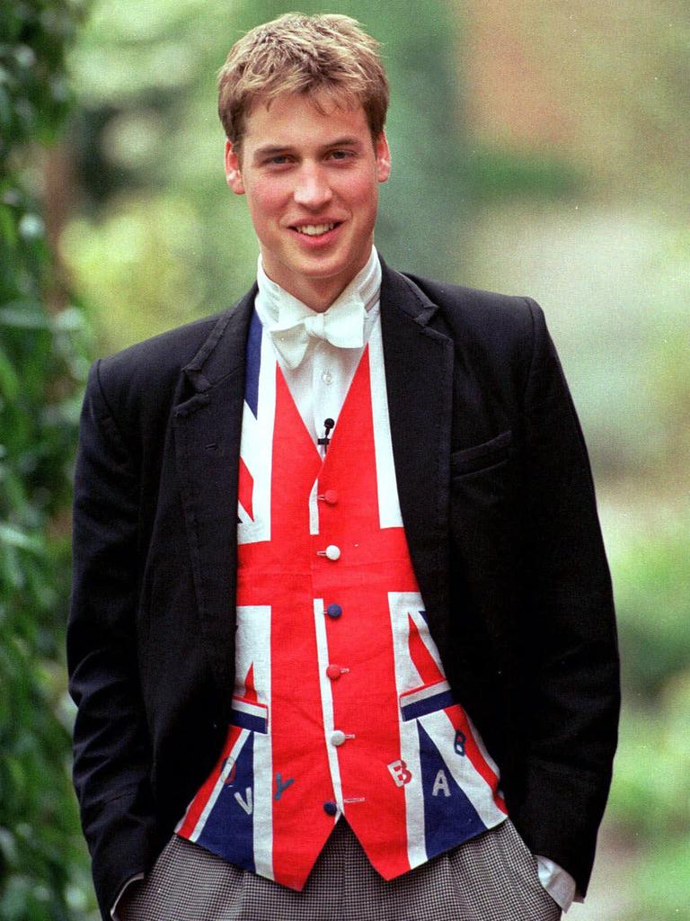 Prince William sporting a Union Jack waistcoat at Eton College in 2000.