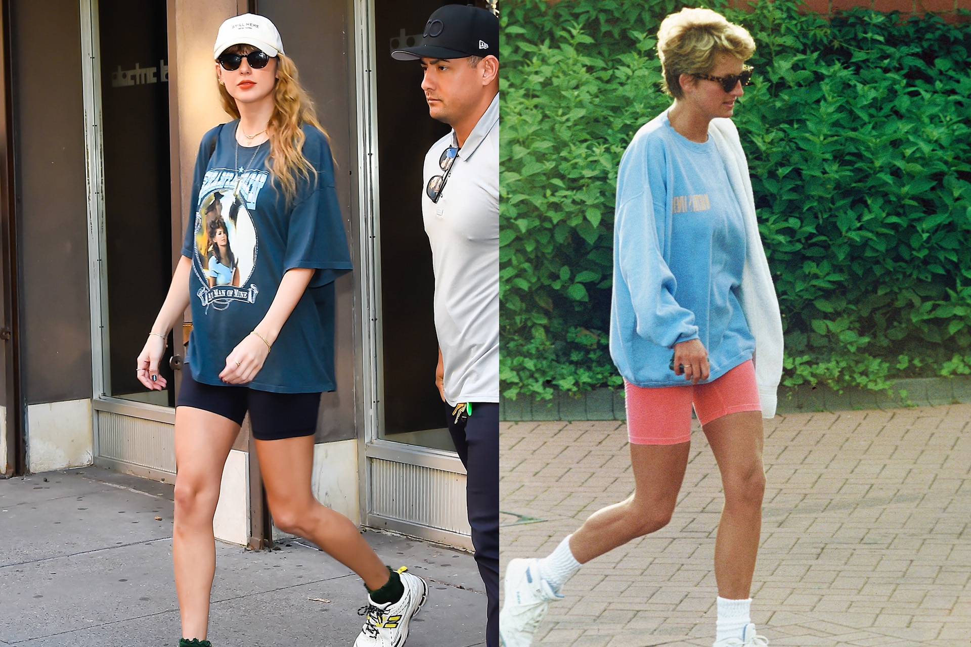 <h3>Taylor Swift</h3><p>If there&rsquo;s one thing that the style of Taylor Swift and the late Princess have in common, it&rsquo;s a casual approach that proves that sometimes, at least when it comes to the wardrobe, celebrities are just like us. Princess Diana was known for bringing bike shorts into the wider fashion conversation, as seen here when she paired an oversized blue sweater, chunky sneakers and sunglasses&mdash;a combination which she often used. Taylor Swift likewise donned a similar approach to casual dress only this year, swapping the sweater for an oversized tee and styling it with a white cap.</p>