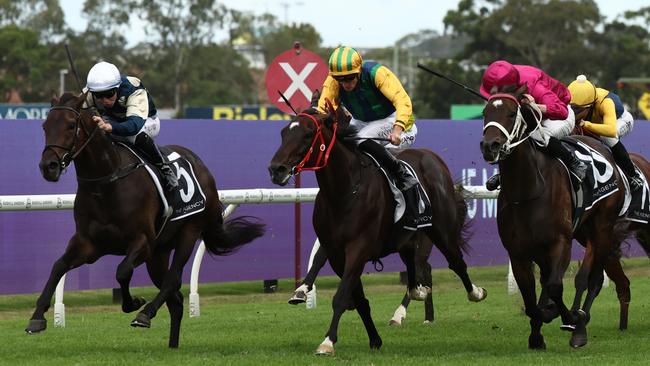 SYDNEY, AUSTRALIA - MARCH 22: Tommy Berry riding Gringotts   win Race 7 The Agency George Ryder Stakes during the "TAB Golden Slipper" - Sydney Racing at Rosehill Gardens on March 22, 2025 in Sydney, Australia. (Photo by Jeremy Ng/Getty Images)