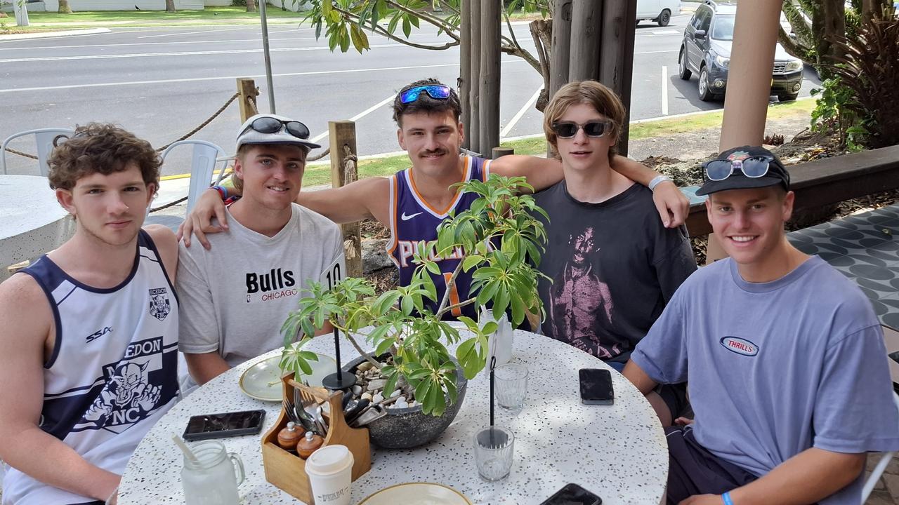 Kohen McLaughlin, 18, James Kinkead, 18, Louis Kristen, 18, Charlie Ozanne, 18, and Will McKay, 18, at Byron Bay Schoolies celebrations on November 28, 2024. Picture: Sam Stolz / News Local.