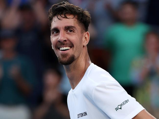 MELBOURNE, JANUARY 13, 2025: 2025 Australian Open Tennis, Day Two. Thanasi Kokkinakis (AUS) celebrates his win against Roman Safiullin (RUS) on Kia Arena. Picture: Mark Stewart