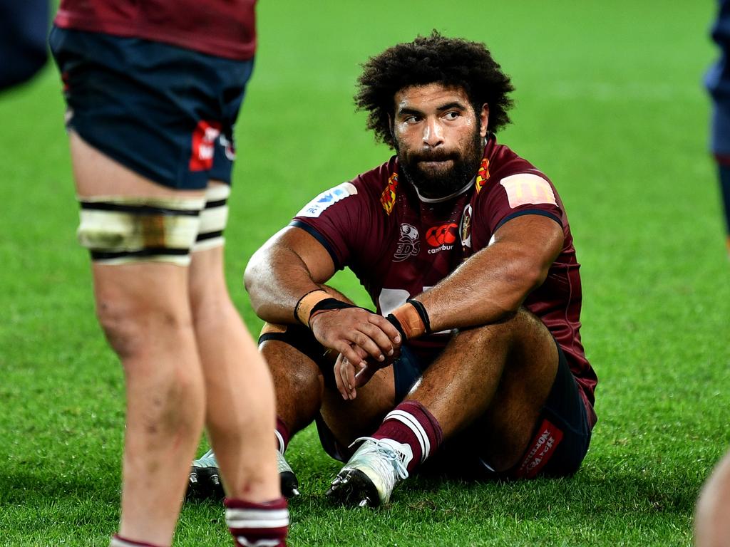 Reds prop Zane Nonggorr is dejected after Queensland’s loss. Picture: Joe Allison/Getty Images