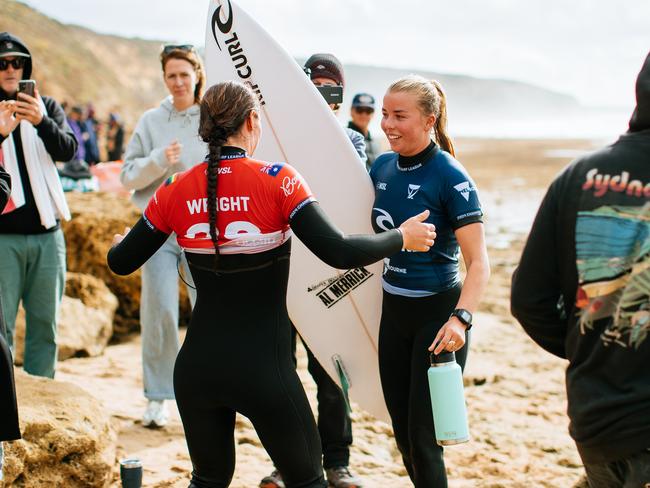 BELLS BEACH, VICTORIA, AUSTRALIA - MARCH 27: Two-time WSL Champion Tyler Wright of Australia and Ellie Harrison of Australia after surfing in Heat 2 of the Round of 16 at the Rip Curl Pro Bells Beach on March 27, 2024 at Bells Beach, Victoria, Australia. (Photo by Ed Sloane/World Surf League)