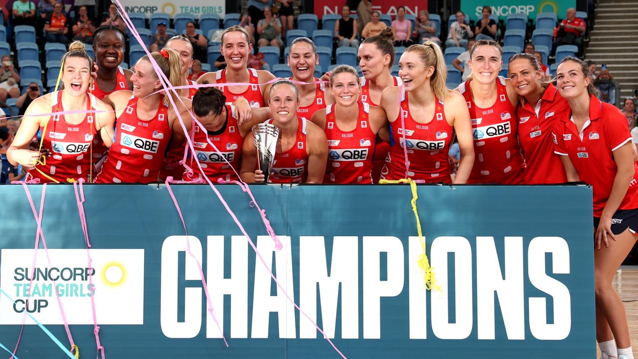 The NSW Swifts celebrate after winning the 2024 Suncorp Team Girls Cup. Photo: Getty Images