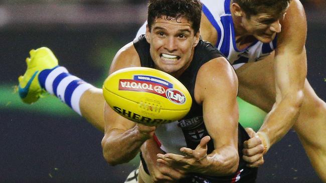 Leigh Montagna and the Saints take on the Kangaroos in a round 13 belter. Picture: Getty Images