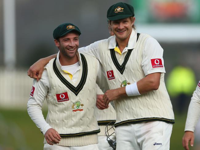 Phillip Hughes and Shane Watson after Australia defeated Sri Lanka in Hobart in 2012. Picture: Robert Cianflone/Getty Images