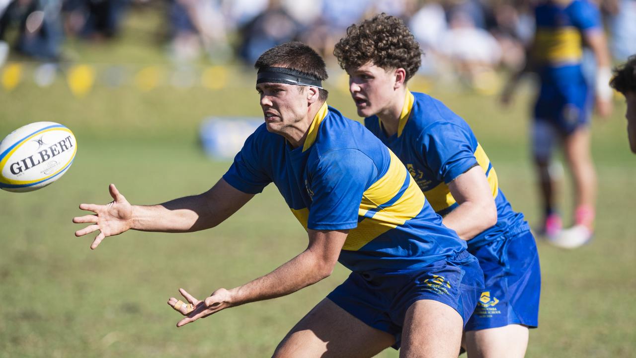 Thomas Bailey receives a pass from Toowoomba Grammar School 1st XV against St Joseph's College, Gregory Terrace 1st XV in Round 6 GPS Queensland Rugby at TGS Old Boys Oval, Saturday, August 17, 2024. Picture: Kevin Farmer