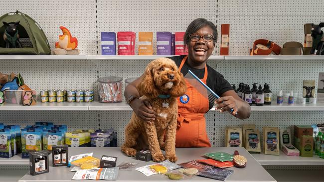 Michelle Greenlee Furphy with cavoodle Alby at her new dog grooming business in the old milk bar on Roslyn Rd. Picture: Brad Fleet