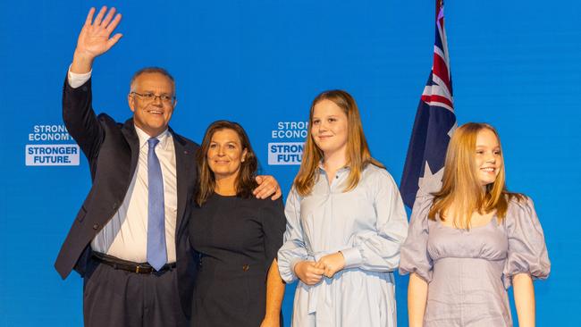 Prime Minister Scott Morrison (L), his wife Jenny Morrison (2L) and their children on stage during the Liberal Party election campaign launch in Brisbane.