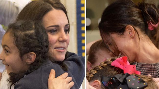 Britain's Catherine, Duchess of Cambridge and Patron of the All England Lawn Tennis and Croquet Club (AELTC) visits the Bond Primary School to see the work of the Wimbledon Junior Tennis Initiative (WJTI, in Mitcham, south west London on January 17, 2018. / AFP PHOTO Britain's Prince Harry and his fiancée US actress Meghan Markle attend a street dance class during their visit to Star Hub community and leisure centre in the Tremorfa area of Cardiff, south Wales on January 18, 2018. / AFP PHOTO