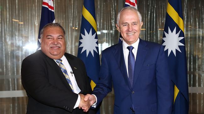 Prime Minister Malcolm Turnbull meets Nauru president Baron Divavesi Waqa yesterday in Sydney to discuss refugee resettlement deal and immigration detention arrangements.