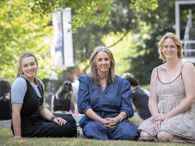 Marine Antarctic Science 3rd year student Grace Oxenham, Director Tasmania Engagement Leanne Arnott and Bachelor of Social Work 3rd year student Annabelle Smith at UTAS Sandy Bay Campus. Picture: Chris Kidd