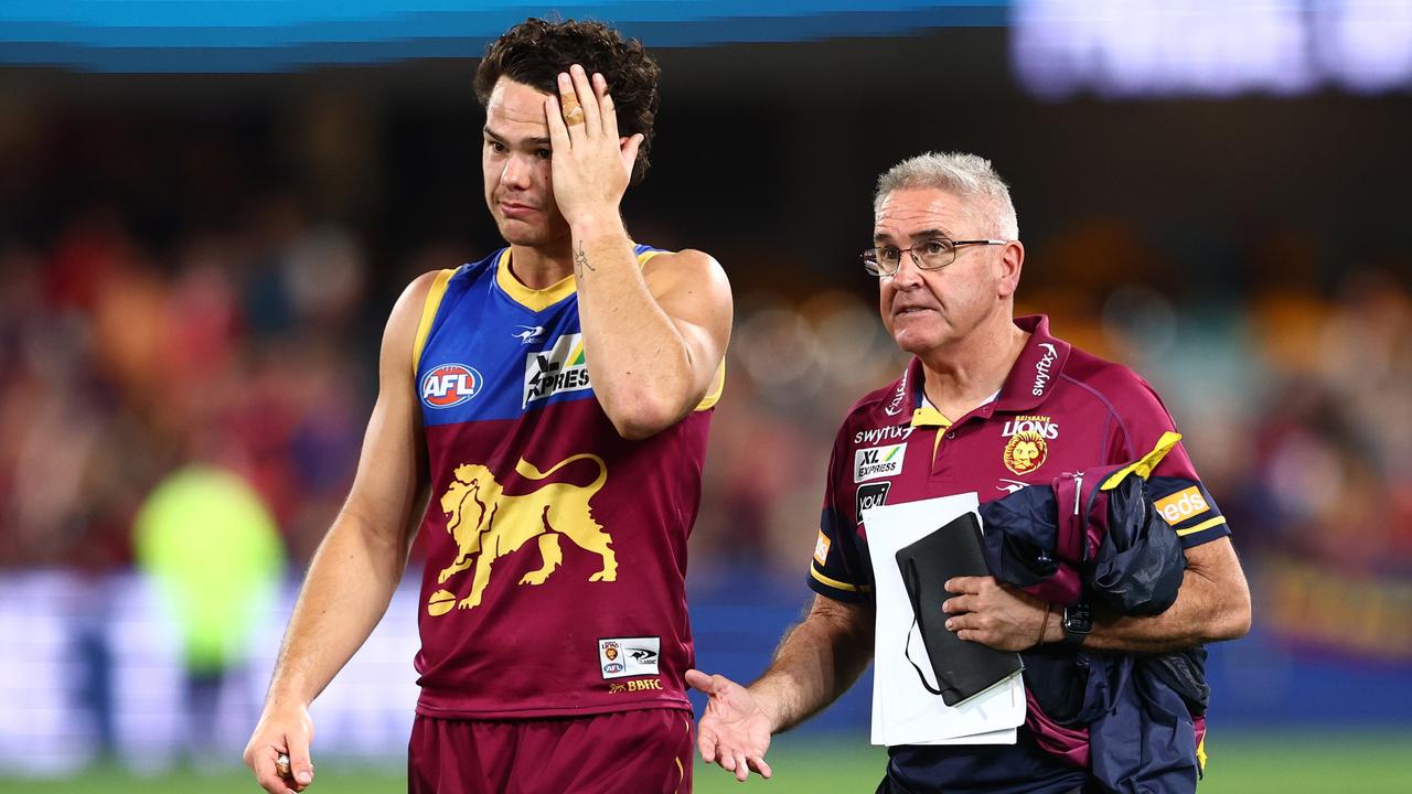 Lions coach Chris Fagan and Cam Rayner after the loss to Melbourne. Picture: Chris Hyde/Getty Images