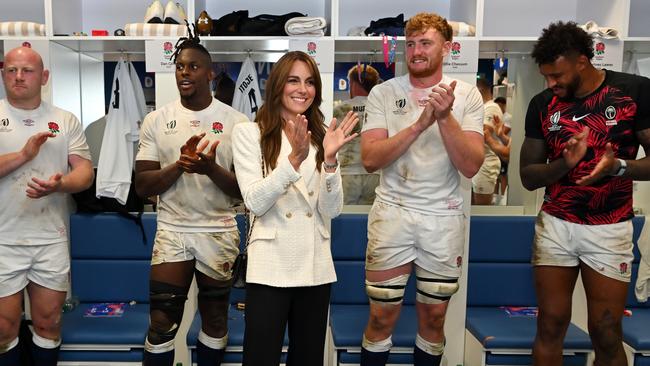 Princess Kate celebrates England’s win over Fiji at the Rugby World Cup. (Photo by Dan Mullan/Getty Images)