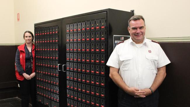 The Salvation Army Melbourne Project 614’s Phoebe Avenell and Major Brendan Nottle with the new mailboxes. Picture: Supplied