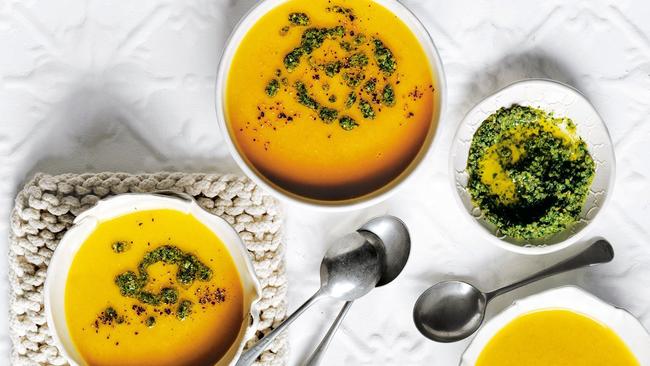 Pumpkin soup and pesto are a great mix.