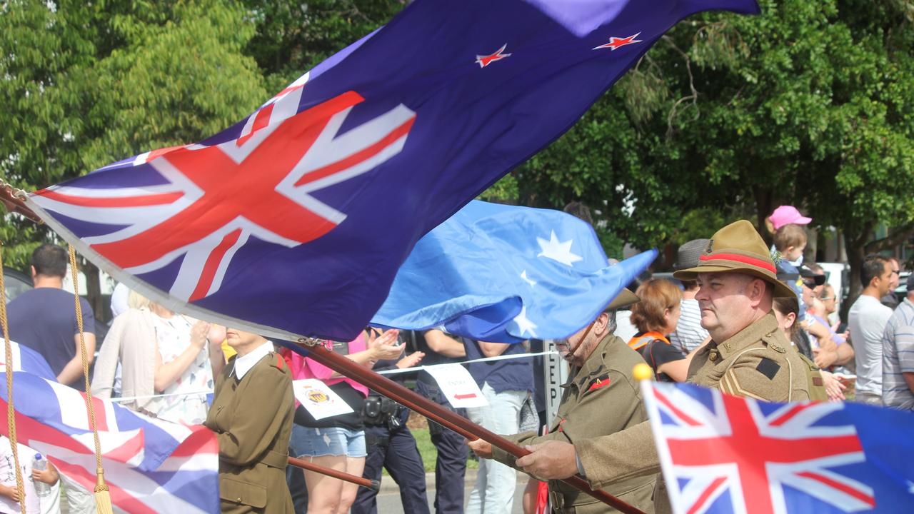 Flags are lowered at the Anzac Day 2019 march in Cleveland today. Picture Andrea Macleod 